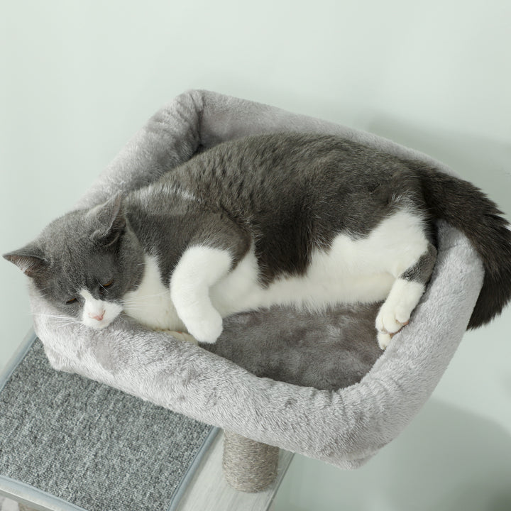 Arranhador para Gatos com Plataforma Altura 126 cm Torre de Escalar para Gatos com Rede Caverna Cama Postes de Sisal e Bolas de Brincar 48x40x126 cm Cinza