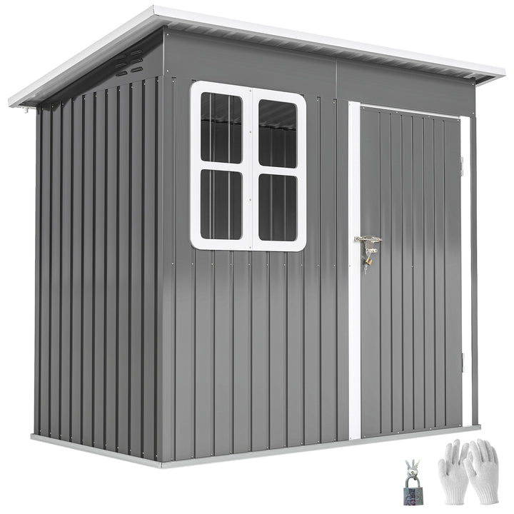 Abrigo de Jardim Exterior 2,55 m² 221x133x190 cm Abrigo de Exterior Metálico com Janela Porta com Fechadura e Ventilações para Armazenamento de Ferramentas Cinzento Escuro