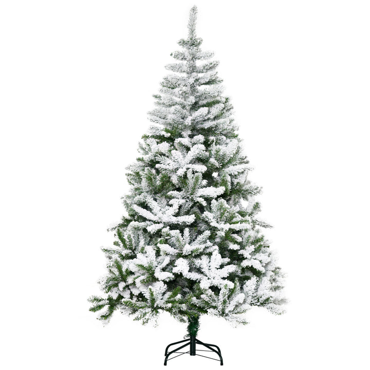 Árvore de Natal Artificial 180cm com Neve Ignífugo com 750 Ramos Folhas de PVC Base Dobrável e Suporte Metálico Decoração de Natal para Interiores Verde