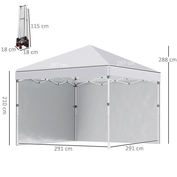 Tenda Dobrável Pop-up 297x297x288 cm Tenda para Eventos com 2 Paredes Laterais Anti-UV Altura Ajustável em 3 Níveis Sacos de Areia e Bolsa de Transporte com Rodas para Campismo Festas Branco