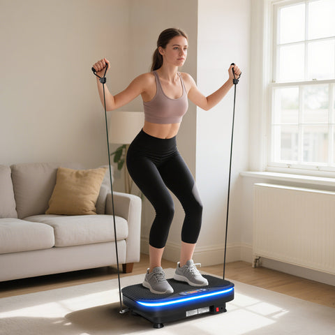 Plataforma Vibratória 99 Velocidades 3 Programas Plataforma de Vibração Muscular com Bluetooth Ecrã LED Luzes Com Controlo Remoto Bandas Elásticas Para Exercício em Casa 47x32x12 cm Preto