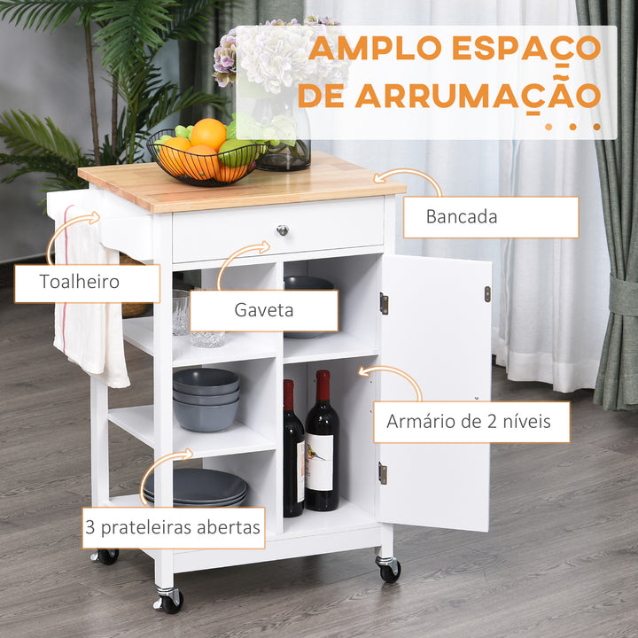 Carrinho de cozinha com 1 gaveta 1 armário 3 prateleiras abertas 66x39.5x86.5 cm Branco