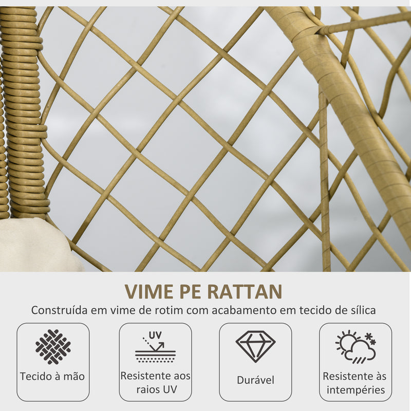 Poltrona de Exterior de Vime PE com Almofadas Poltrona de Pátio com Encosto Acolchoado Pés Ajustáveis e Estrutura de Metal para Jardim 88x85x143 cm Natural e Creme