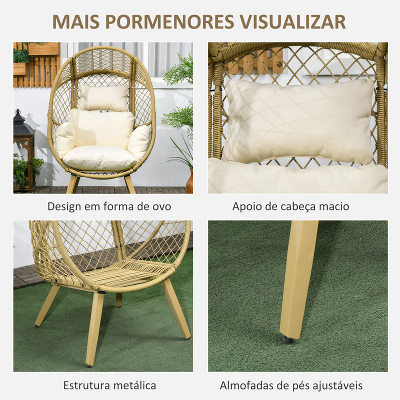 Poltrona de Exterior de Vime PE com Almofadas Poltrona de Pátio com Encosto Acolchoado Pés Ajustáveis e Estrutura de Metal para Jardim 88x85x143 cm Natural e Creme