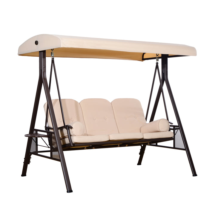 Cadeira de Balanço Jardím 3 Lugares com Teto Bandeja para Bebida Aço - Bege- 120.5x207x174cm