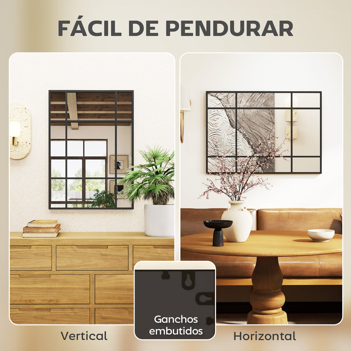 Espelho Retangular de Parede 70x50 cm Espelho de Janela com Moldura Metálica Decorativo para Sala Quarto Entrada Preto