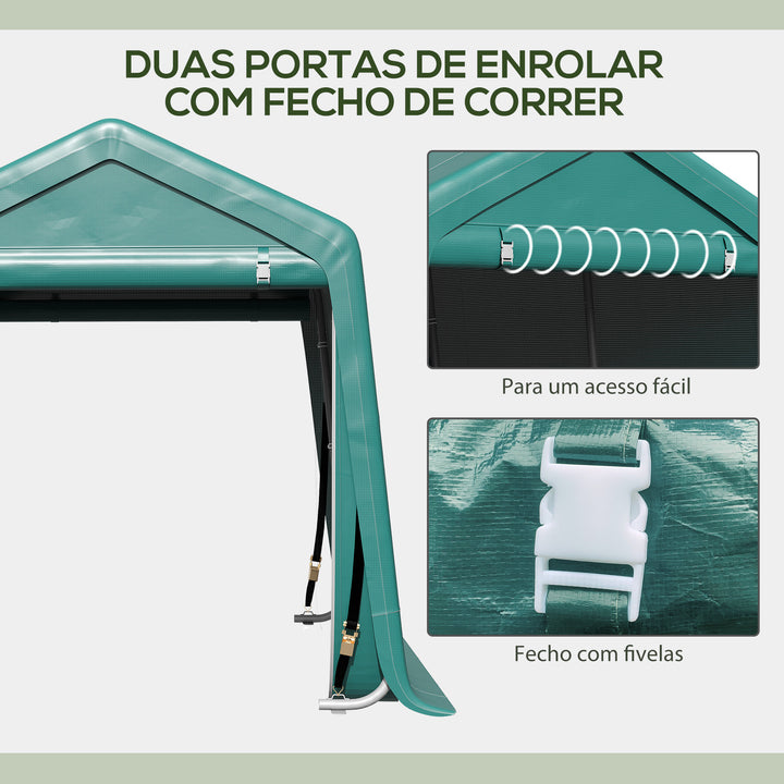 Abrigo de Exterior para Ferramentas Bicicleta 2,4x2x2,02 m Abrigo de Armazenamento com 2 Portas com Fecho de Correr Impermeável Anti-UV para Jardim Verde