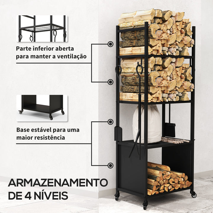 Suporte para Lenha com Rodas Suporte para Lenha de 4 Níveis Estante para Lenha com Pá Escova Atiçador e Tenaz para Interior e Exterior 45x30x118 cm Preto