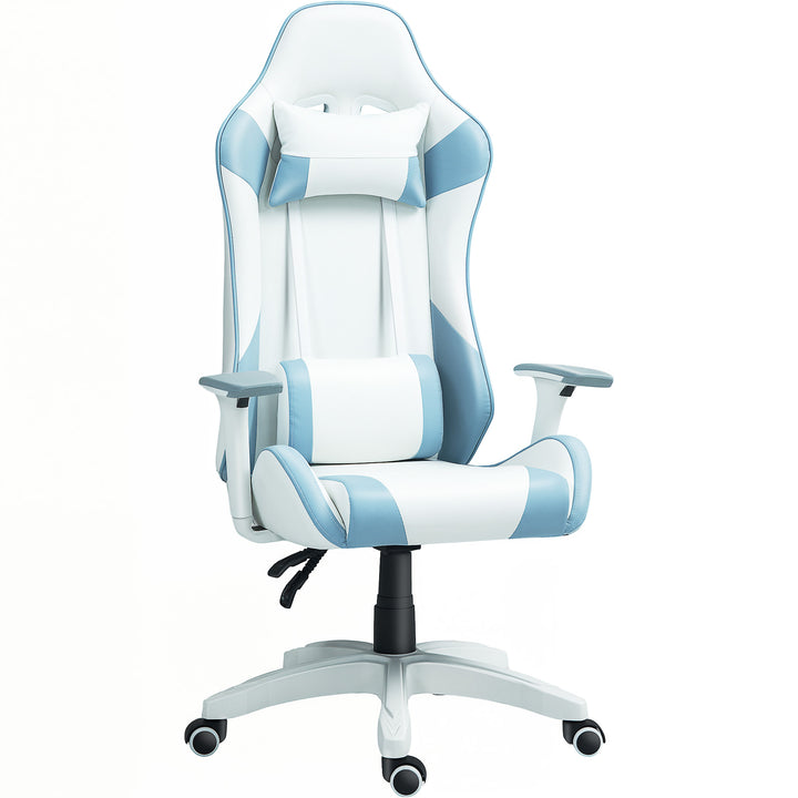 Cadeira Gaming Reclinável Cadeira Gamer Giratória com Almofada Lombar Apoios de Braços Ajustáveis Apoio de Cabeça Basculante e Altura Ajustável para Escritório 67x60x120-128 cm Branco e Azul