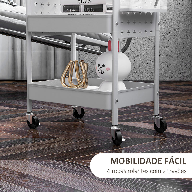 Carrinho Auxiliar com Rodas de Aço Carrinho de Armazenamento com 3 Bandejas 2 Cestos Pendurados e 6 Ganchos para Sala Cozinha Casa de Banho 53,5x30,5x75 cm Branco