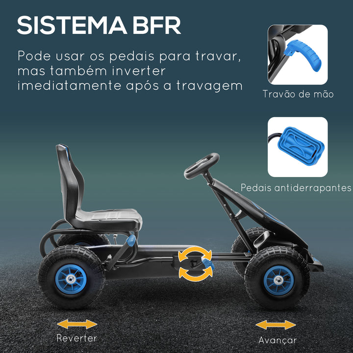 Kart a Pedais para Crianças 5-12 Anos Kart a Pedais Infantil com Assento Ajustável Pneus Insufláveis Amortecimento e Travão de Mão Carga Máx. 50kg 121x58x61cm Azul