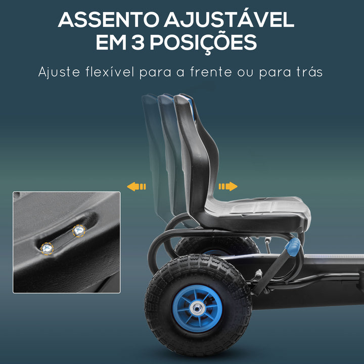 Kart a Pedais para Crianças 5-12 Anos Kart a Pedais Infantil com Assento Ajustável Pneus Insufláveis Amortecimento e Travão de Mão Carga Máx. 50kg 121x58x61cm Azul