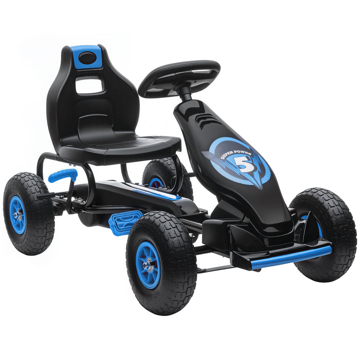 Kart a Pedais para Crianças 5-12 Anos Kart a Pedais Infantil com Assento Ajustável Pneus Insufláveis Amortecimento e Travão de Mão Carga Máx. 50kg 121x58x61cm Azul