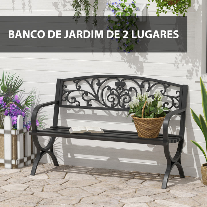 Banco de jardim de 2 lugares Banco de terraço de ferro com design clássico 127x60x85cm Preto