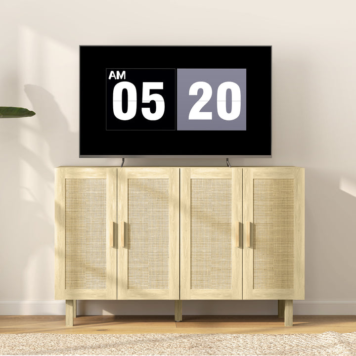 Aparador de Sala de Estar com 4 Portas com Rede em Vime e Prateleiras Ajustáveis Aparador para Cozinha Escritório Estúdio Quarto Estilo Nórdico Anti-Tombo 120x39,5x76 cm Madeira