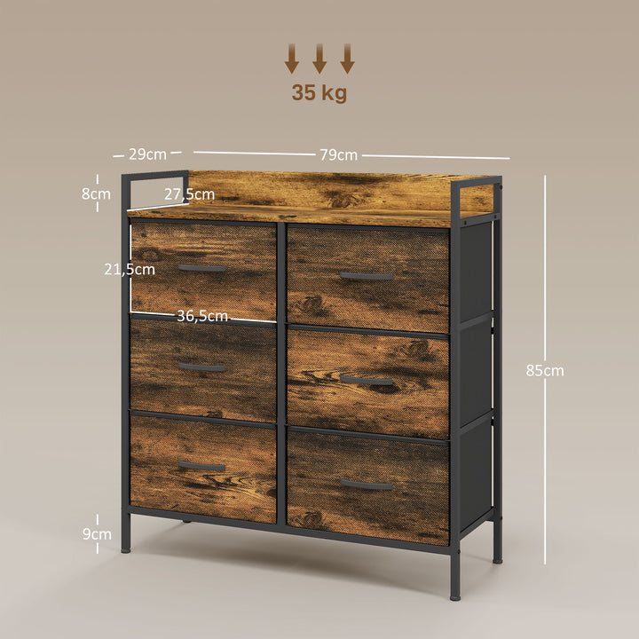 Cómoda com 6 Gavetas Dobráveis Cómoda de Tecido com Estrutura de Aço Estilo Industrial Cómoda para Quarto Corredor 79x29x85 cm Castanho Rústico
