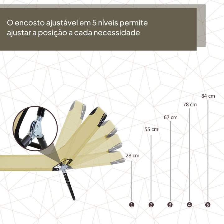 Espreguiçadeira dobrável reclinável com ângulo ajustável de 3 posições para exterior carga 120 kg 190x56x28 cm Creme