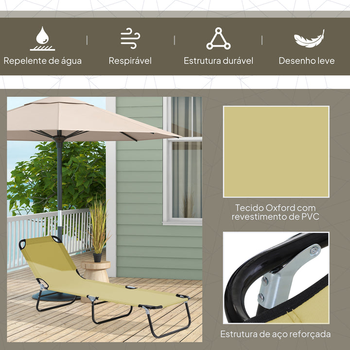 Espreguiçadeira dobrável reclinável com ângulo ajustável de 3 posições para exterior carga 120 kg 190x56x28 cm Creme