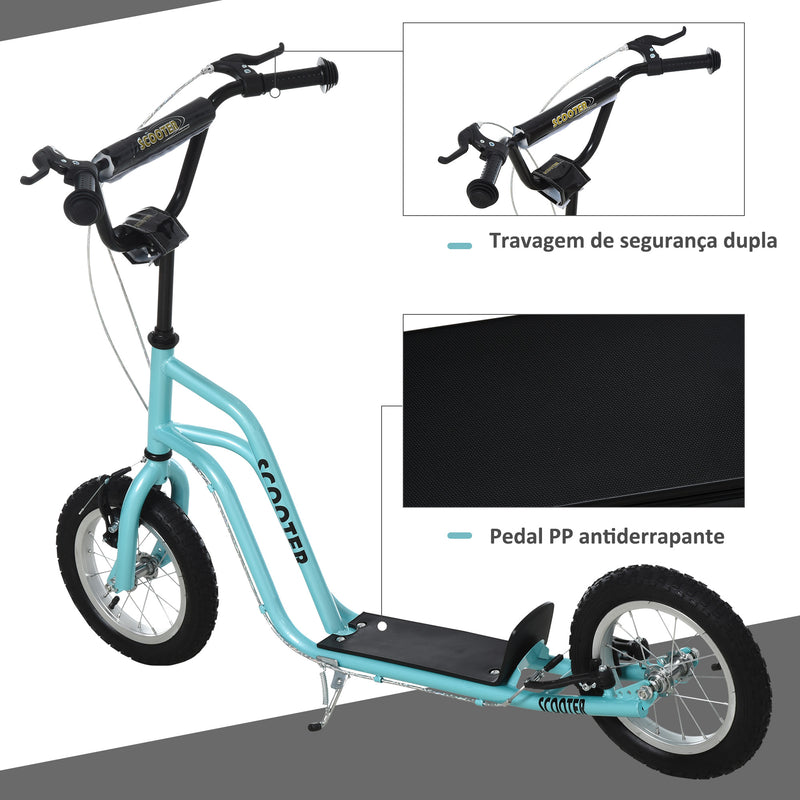 Trotinete para Crianças acima de 5 Anos Trotinete Infantil com Guiador Ajustável em Altura Travão Duplo e Estrutura de Aço Carga 100 kg para Adolescentes 120x58x75-80 cm Azul