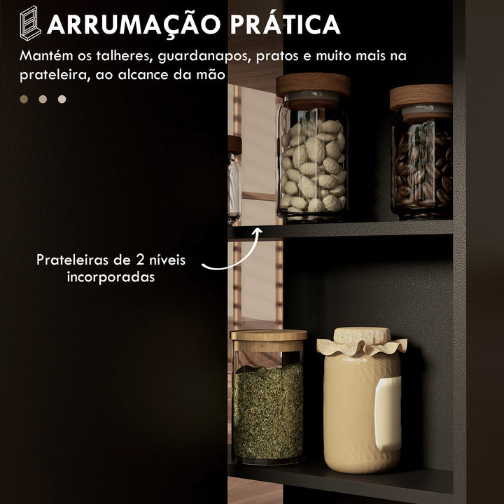 Mesa de Cozinha Dobrável Mesa de Madeira com 2 Prateleiras de Armazenamento e Rodas para Cozinha 75x140x74 cm Preto e Madeira