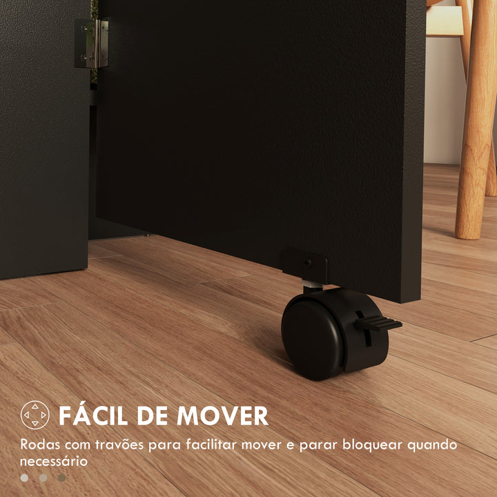 Mesa de Cozinha Dobrável Mesa de Madeira com 2 Prateleiras de Armazenamento e Rodas para Cozinha 75x140x74 cm Preto e Madeira