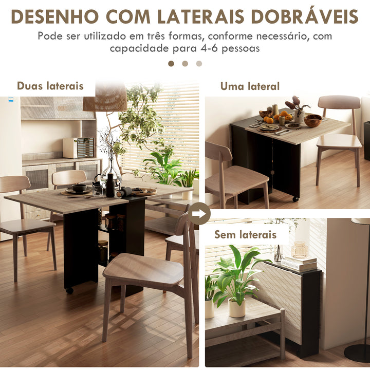 Mesa de Cozinha Dobrável Mesa de Madeira com 2 Prateleiras de Armazenamento e Rodas para Cozinha 75x140x74 cm Preto e Madeira