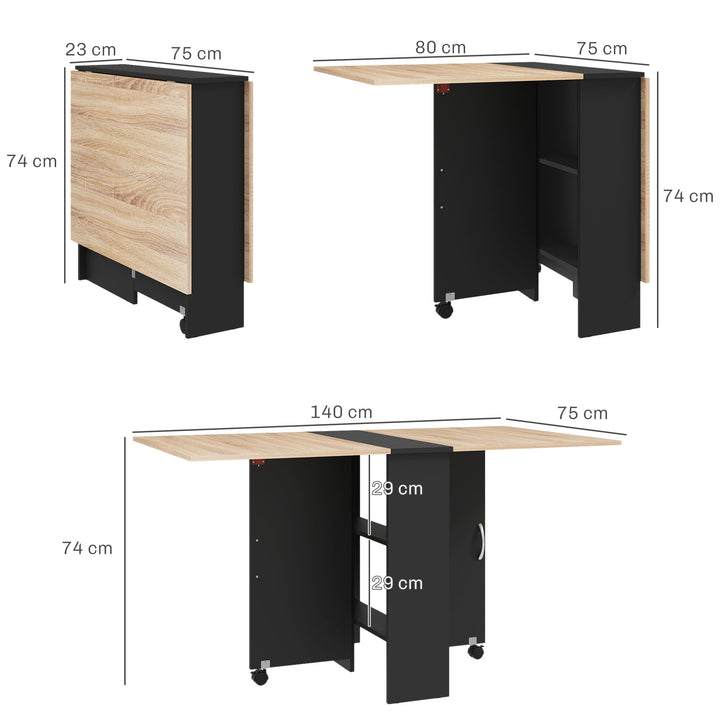 Mesa de Cozinha Dobrável Mesa de Madeira com 2 Prateleiras de Armazenamento e Rodas para Cozinha 75x140x74 cm Preto e Madeira
