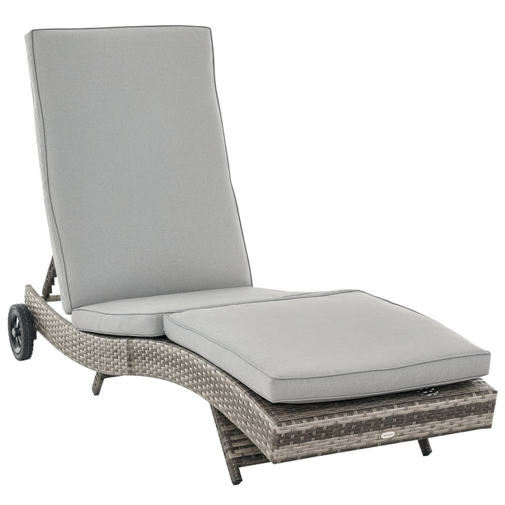 Espreguiçadeira de Vime Reclinável Espreguiçadeira de Jardim com Forma de S com 2 Rodas Encosto Ajustável em 5 Posições e Almofada Amovível para Pátio Varanda 207x70x70 cm Cinza