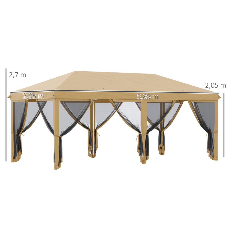 Tenda para Festas 6x3 m Tenda de Jardim com 6 Mosquiteiros Bolsa de Transporte e Estrutura de Aço para Campismo Festas Bege