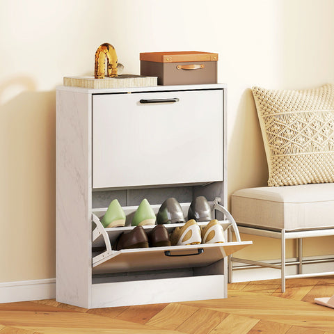 Sapateira Estreita 2 Portas de Alto Brilho Sapateira para Entrada com Prateleiras Ajustáveis Design Mármore para 8 Pares de Sapatos para Corredor Espaços Reduzidos 60x24x80 cm Branco