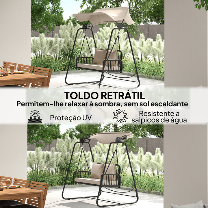 Baloiço de Jardim de 2 Lugares Baloiço Exterior com Toldo Retrátil Almofadas e Estrutura de Aço com Vime PE Anti-UV para Varanda Terraço Pátio Carga 240 kg 149x121x180 cm Caqui