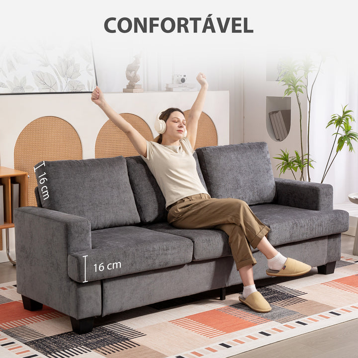 Sofá de 3 Lugares Sofá Sala de Estar 213x80x90 cm Estofado em Chenille Almofadado Grosso Estrutura de Aço Desenho Moderno para Sala de Estar Quarto Cinzento