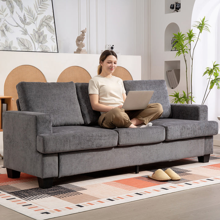 Sofá de 3 Lugares Sofá Sala de Estar 213x80x90 cm Estofado em Chenille Almofadado Grosso Estrutura de Aço Desenho Moderno para Sala de Estar Quarto Cinzento
