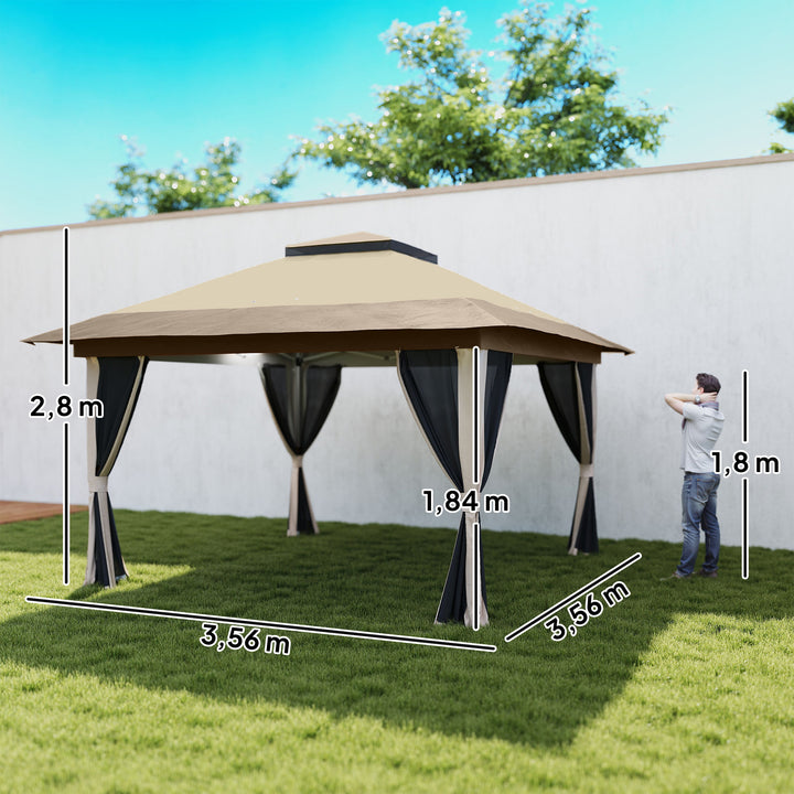 Tenda Dobrável 3,6x3,6 m Tenda Dobrável com 4 Paredes Laterais de Rede Anti-UV Altura Ajustável Sacos de Areia e Bolsa de Transporte Bege