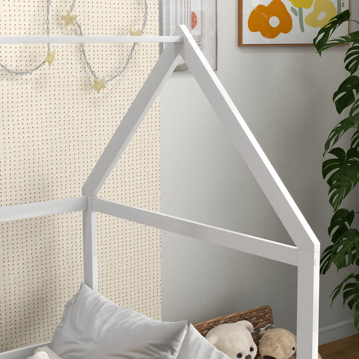 Cama para Crianças 90x190 cm Cama Infantil em Forma de Casa com Barreira Protetora Cama Casinha de Madeira Carga 60 kg Branco