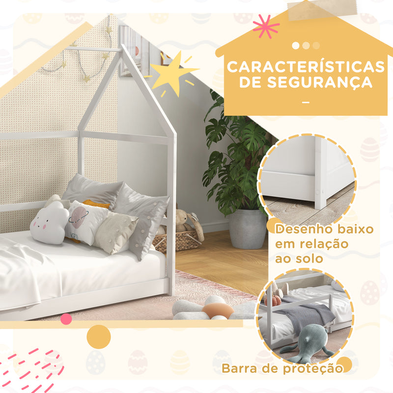 Cama para Crianças 90x190 cm Cama Infantil em Forma de Casa com Barreira Protetora Cama Casinha de Madeira Carga 60 kg Branco