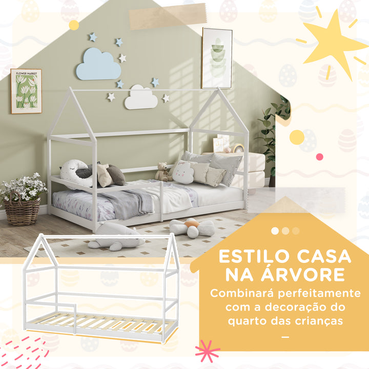 Cama para Crianças 90x190 cm Cama Infantil em Forma de Casa com Barreira Protetora Cama Casinha de Madeira Carga 60 kg Branco