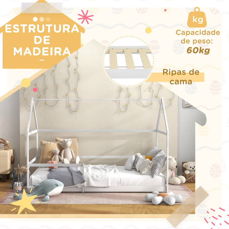 Cama para Crianças 90x190 cm Cama Infantil em Forma de Casa com Barreira Protetora Cama Casinha de Madeira Carga 60 kg Branco