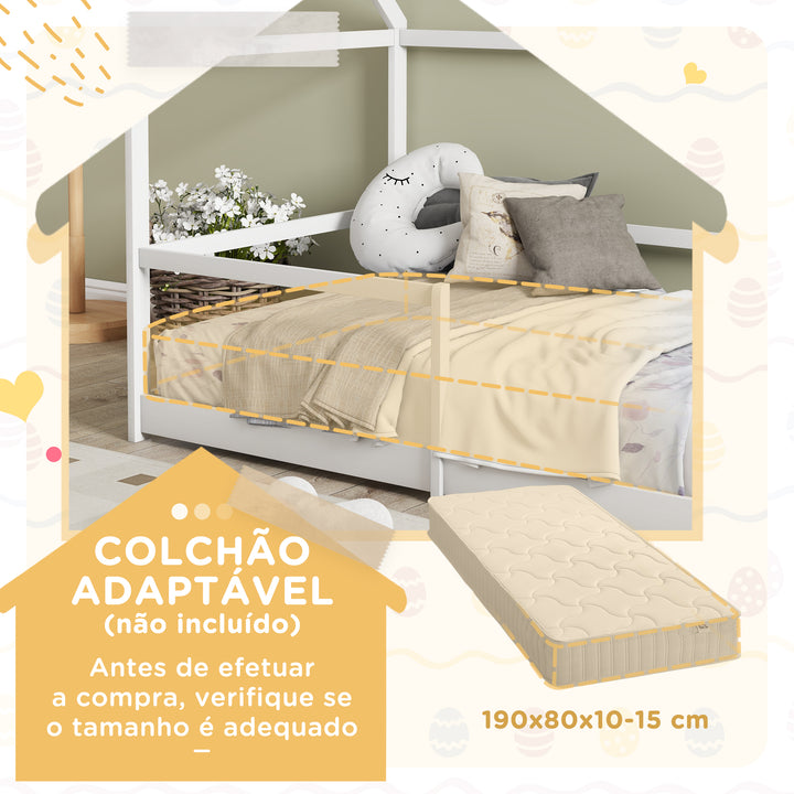 Cama para Crianças 90x190 cm Cama Infantil em Forma de Casa com Barreira Protetora Cama Casinha de Madeira Carga 60 kg Branco