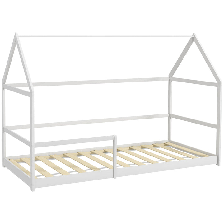 Cama para Crianças 90x190 cm Cama Infantil em Forma de Casa com Barreira Protetora Cama Casinha de Madeira Carga 60 kg Branco