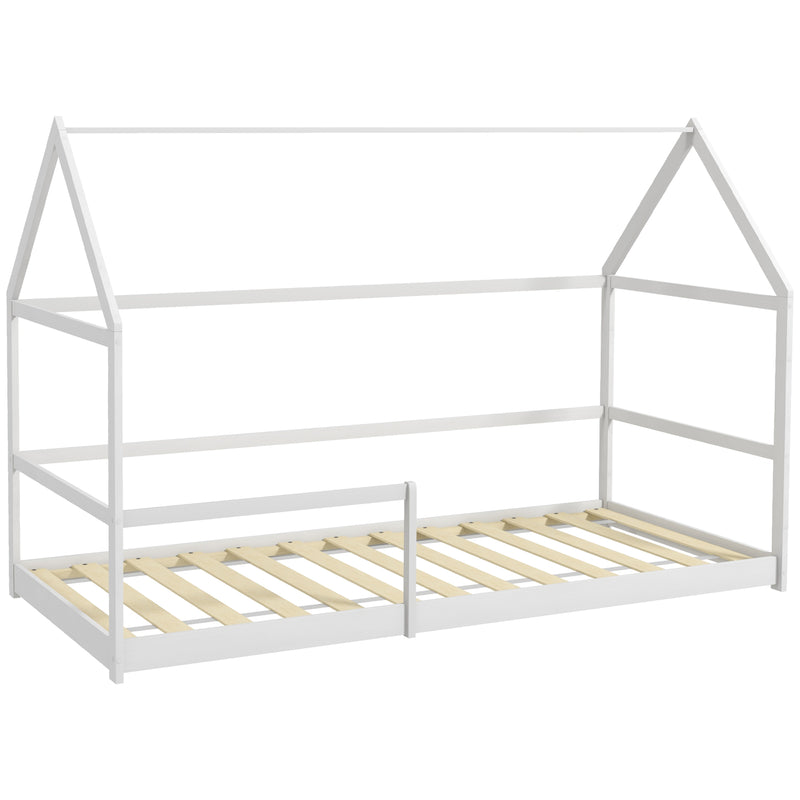 Cama para Crianças 90x190 cm Cama Infantil em Forma de Casa com Barreira Protetora Cama Casinha de Madeira Carga 60 kg Branco