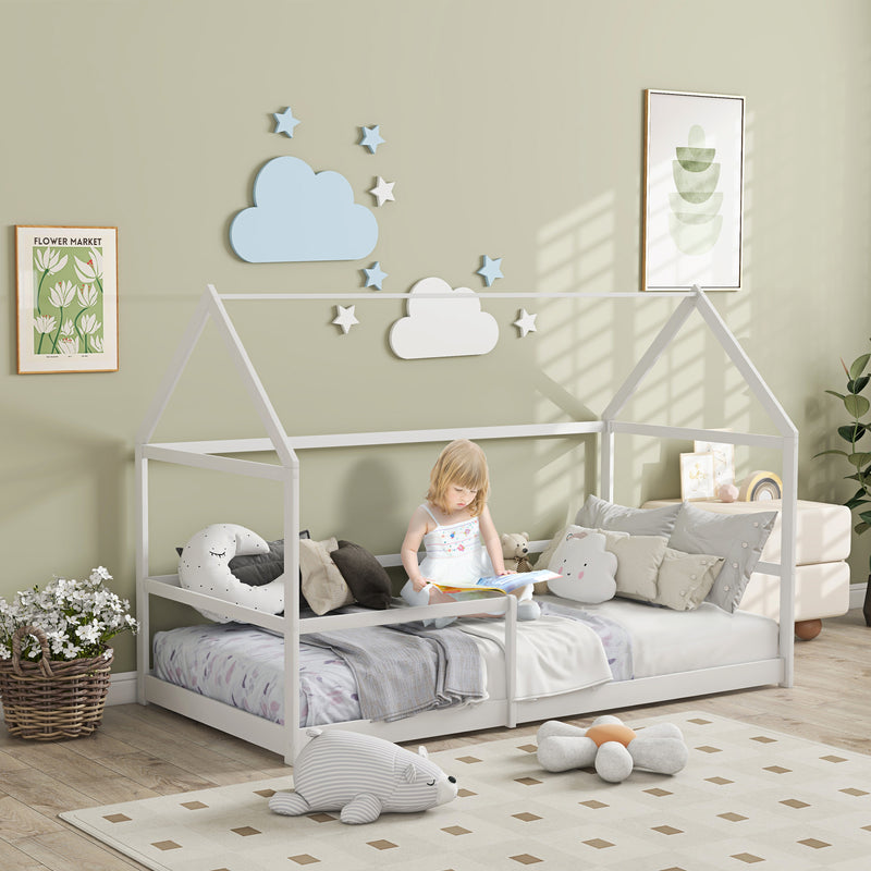 Cama para Crianças 90x190 cm Cama Infantil em Forma de Casa com Barreira Protetora Cama Casinha de Madeira Carga 60 kg Branco