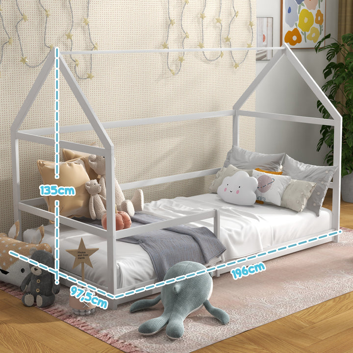 Cama para Crianças 90x190 cm Cama Infantil em Forma de Casa com Barreira Protetora Cama Casinha de Madeira Carga 60 kg Branco