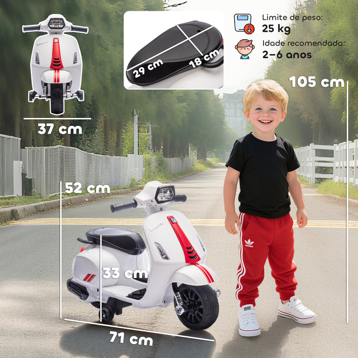 Mota Elétrica para Crianças 6V com Licença Vespa Mota Elétrica Infantil com Rodas Auxiliares Velocidade de 2,5km/h Farol e Buzina para Crianças de 2-6 Anos 71x37x52 cm Branco