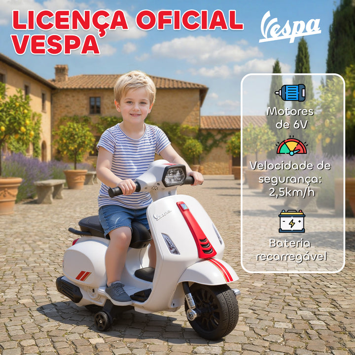 Mota Elétrica para Crianças 6V com Licença Vespa Mota Elétrica Infantil com Rodas Auxiliares Velocidade de 2,5km/h Farol e Buzina para Crianças de 2-6 Anos 71x37x52 cm Branco