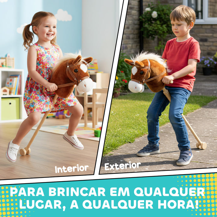 Cavalo com Pau de Madeira Sons e Rodas Cavalo de Brinquedo 95x25x27 cm Castanho