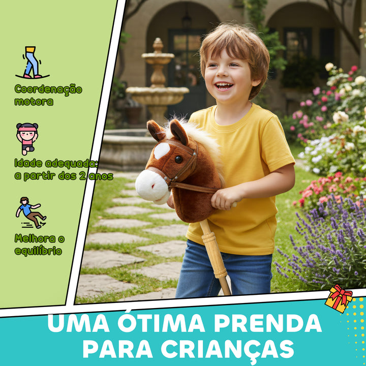 Cavalo com Pau de Madeira Sons e Rodas Cavalo de Brinquedo 95x25x27 cm Castanho