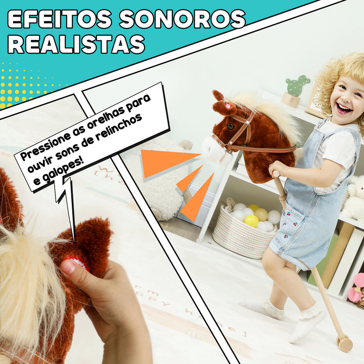 Cavalo com Pau de Madeira Sons e Rodas Cavalo de Brinquedo 95x25x27 cm Castanho