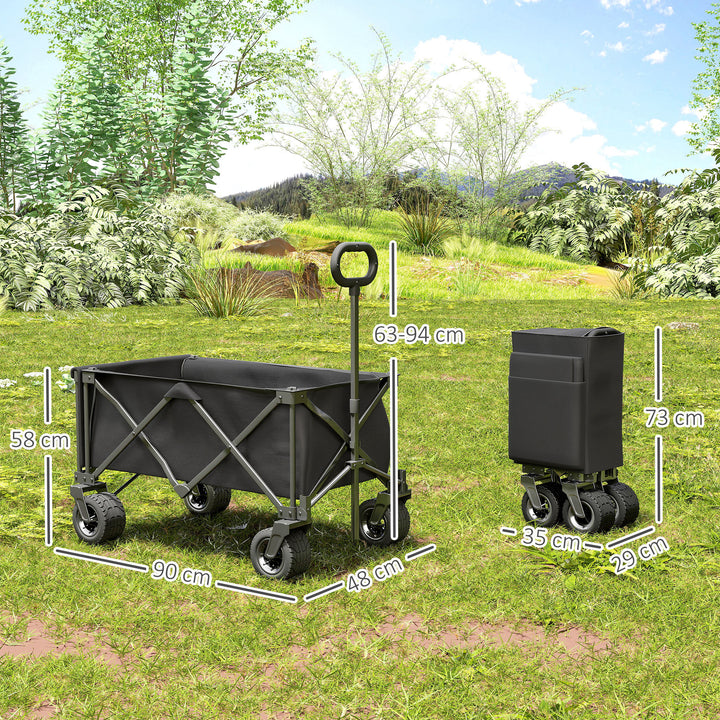 Carrinho de Praia com Rodas Grandes Carrinho de Jardim Dobrável com Puxador Ajustável Porta Traseira Expansível Capacidade 100 kg 90x48x92 cm Preto