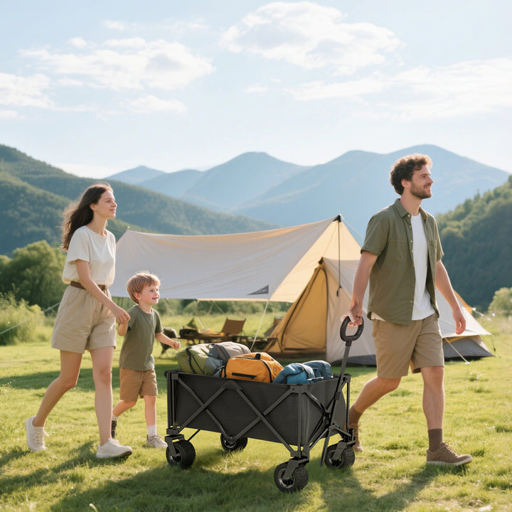 Carrinho de Praia com Rodas Grandes Carrinho de Jardim Dobrável com Puxador Ajustável Porta Traseira Expansível Capacidade 100 kg 90x48x92 cm Preto